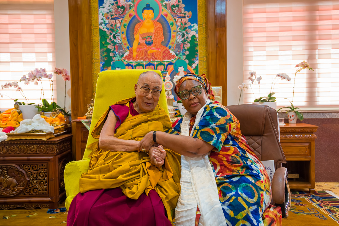 DalaiLama's tweet image. His  Holiness the Dalai Lama meeting with Nobel Peace Laureate Leymah Gbowee  of Liberia, 2011 Nobel Peace Prize Recipient recognized for her  non-violent struggle for the safety of women and for women's rights to  full participation in peace-building, at his residence at Drepung…