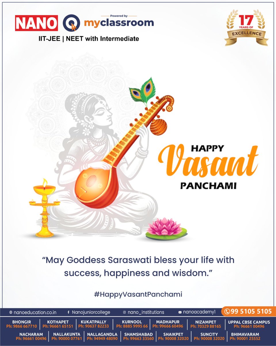 nanoeducation's tweet image. On this auspicious occasion of Vasanth Panchami,
Nano Junior College wishes wisdom, learning, and success to all. 🌼📚
May Goddess Saraswati bless every student with knowledge and clarity.

#VasanthPanchami #NanoJuniorCollege #FestivalOfLearning