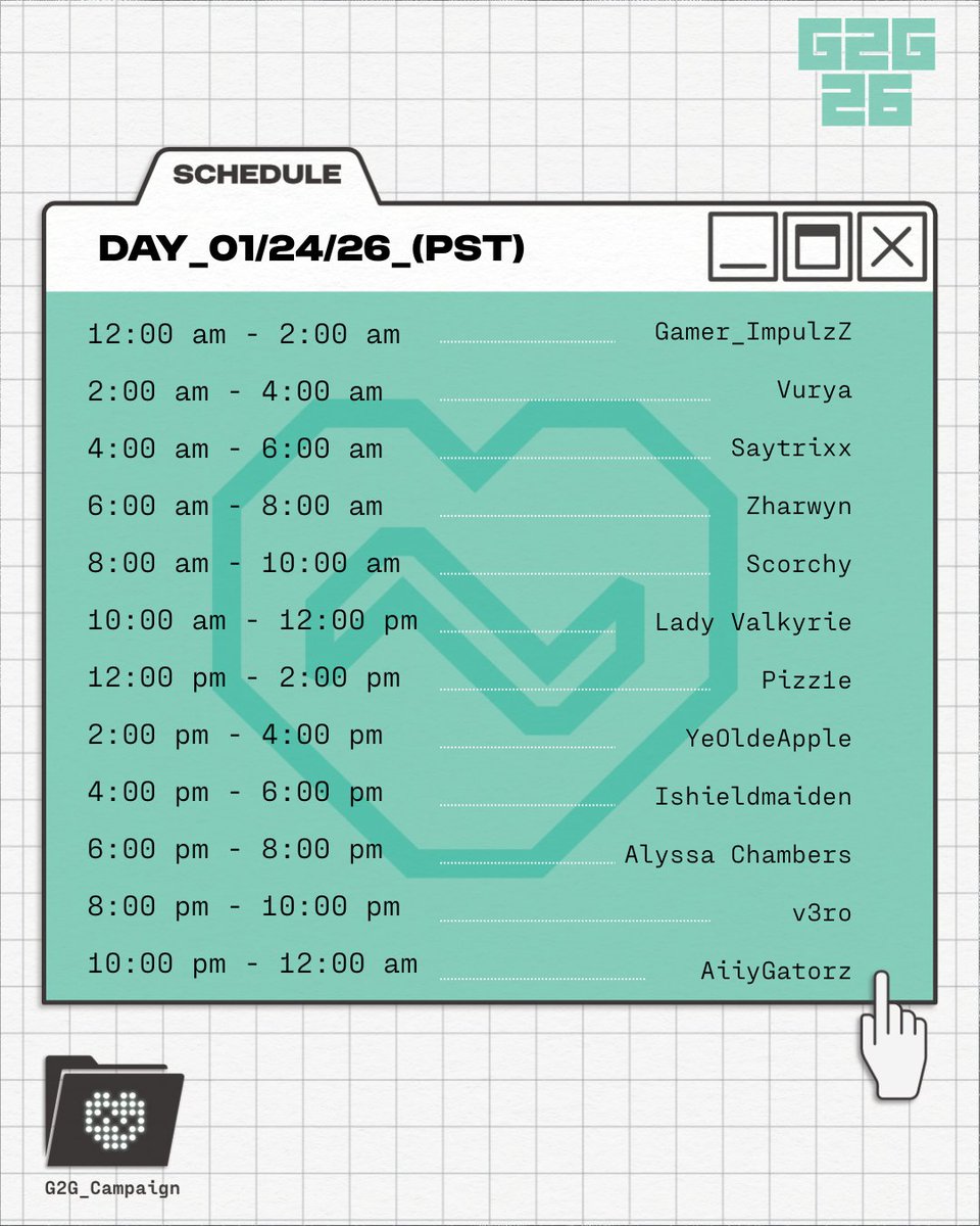// OPERATION: GAME2GIVE 
STREAMING MARATHON   
> DAILY CREATOR TRANSMISSION RECEIVED    
ALL STREAMS ROUTED THROUGH:    
> GAME2GIVE.COM
[CREW MANIFEST - DAY 13]
<a href="/vuryalol/">Vurya</a> 
<a href="/Saytrixx1/">Saytrixx</a> 
<a href="/Zharwyn/">Zharwyn</a> 
<a href="/Scrchys/">𒉭 Scorchy 𒉭</a> 
<a href="/Lady_VaIkyrie/">Lady Valkyrie ❤️</a> 
<a href="/Destiny_Pizzle/">Destiny Pizz1e</a> 
<a href="/YeOldeApple/">Yapple</a> 
<a href="/iShieldMaiden_/">ShieldMaiden ×͜×</a>