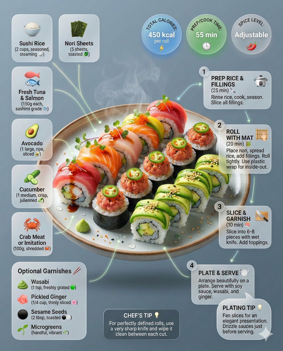 Burger + Sushi = ❤️ The perfect pair your cravings deserve

🍣🍔 Food Recipe by Google Nano Banana Pro on Gemini 📝

Prompt:

Ultra-viral recipe infographic.

Showcase a **FOOD(change ingredients based on your food)** with melted cheese, crisp lettuce, ripe tomato, and dripping