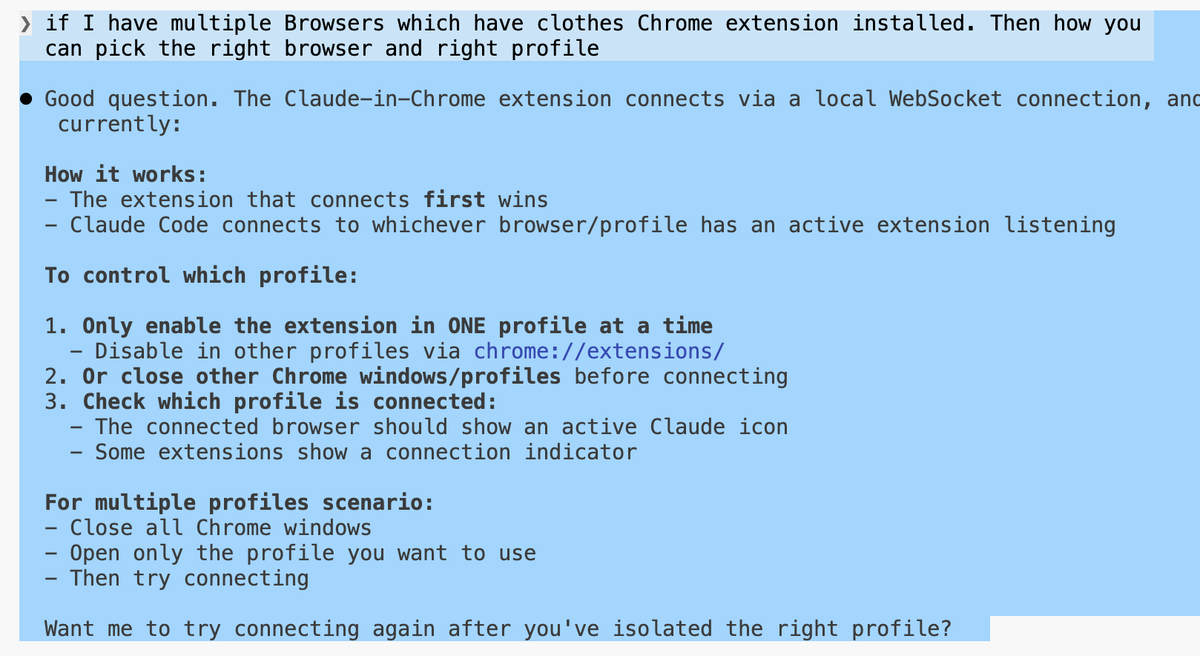 Hey <a href="/trq212/">Thariq</a> Important fix needed in claude-code. It picks the random chrome browser and profile. (some times it pick Brave, Comet or Google Chrome). Please provide us an option to enforce the browser and profile.
Or if chrome extension need the fix than provide option to