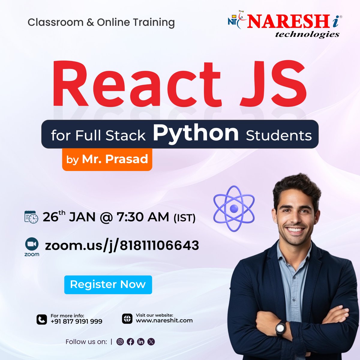 nareshitech's tweet photo. 🚀 Level Up Your Full Stack Skills with React JS! 🚀

Register Now: https://t.co/QsvKYy4Z1l

👨‍🏫 By Mr. Prasad
📅 26th January 2026 ⏰ 7:30 AM (IST)

#ReactJS #FullStackPython #FrontendDevelopment #WebDevelopment #LearnReact #PythonDeveloper https://t.co/IaHtRlR7IN