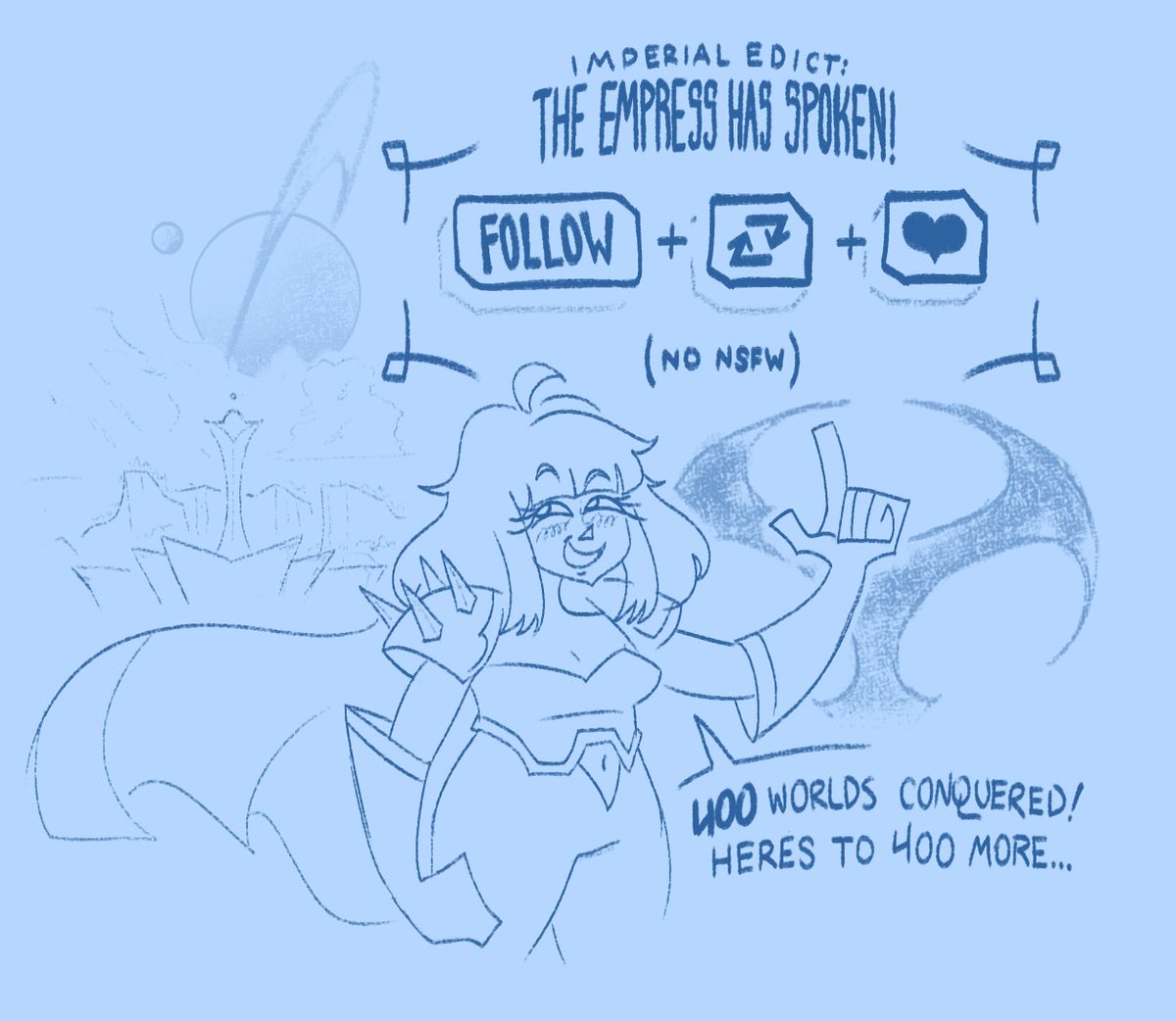 📢DEAR MY MOST ESTEEMED MINIONS!!! 🪱

TO CELEBRATE THE TEEDLESSIAN EMPIRE'S CONQUEST OF 400 PLANETS, THE EMPRESS INVITES *YOU* TO AN ART RAFFLE! ✨

HOW TO ENTER:
FOLLOW ♿️+ RETWEET 🔄 + LIKE ❤️

3 LUCKY WINNERS WILL BE CHOSEN TO RECEIVE ART FROM HER MAJESTY!

ENDS 1/29!!! ⏰