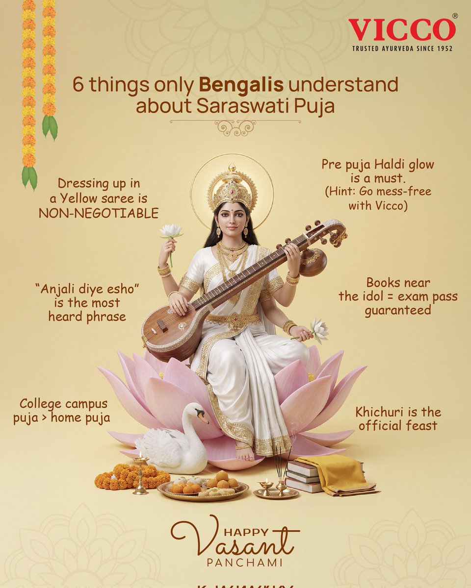 Glow season officially begins with hues of Yellow and Haldi! 💛
From blooming mustard fields to fiery palash flowers, the earth turns radiant on #BasantPanchami;  just like your skin with #ViccoTurmeric Skin Cream - made with real Haldi &amp; Chandan! 
 #saraswatipuja #ViccoLabs