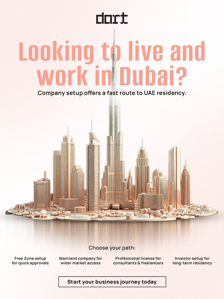 dart_dubai's tweet image. Setting up your company in the UAE is one of the fastest ways to secure a residency Visa, giving you the freedom to grow, invest, and live confidently with the right guidance.

DM us today and take your first step toward UAE residency.
.
.
.
.
#UAEResidency #UAEResidenceVisa