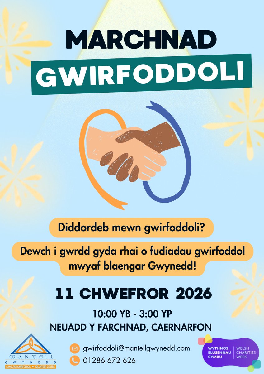 MantellGwynedd's tweet photo. Chwilio am ffordd i wneud gwahaniaeth yn dy gymuned leol? 
Marchnad Gwirfoddoli 11/02/26, Neuadd y Farchnad, Caernarfon 10yb-2yp
Ystod eang o gyfleoedd gwirfoddoli. Croeso cynnes i bawb.

#gwirfoddoli #gwynedd https://t.co/ed16GG1DSe