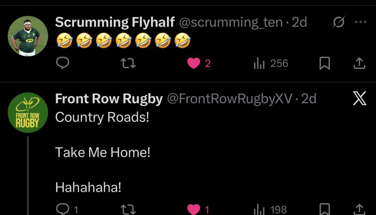 The 2 coolest rugby accounts..

Engaging, entertaining, insightful, no podium

Other rugby accounts post but don’t respond whatsoever……oops did I just unfollow those?
The game is bigger than us all 

<a href="/scrumming_ten/">Scrumming Flyhalf</a> <a href="/FrontRowRugbyXV/">Front Row Rugby</a> 
#Springboks 
#Rugby