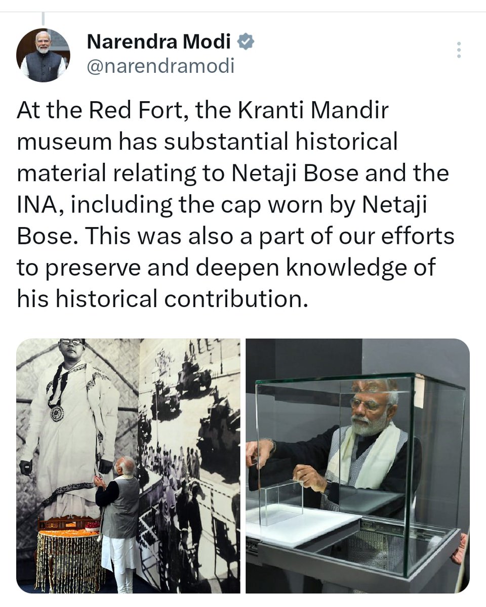 UpendrraRai's tweet image. Prime Minister @narendramodi highlights that the #KrantiMandir museum at the #RedFort houses rich historical material on #NetajiSubhashChandraBose and the #INA, including Netaji’s cap, as part of sustained efforts to preserve and deepen awareness of his legacy. @PMOIndia