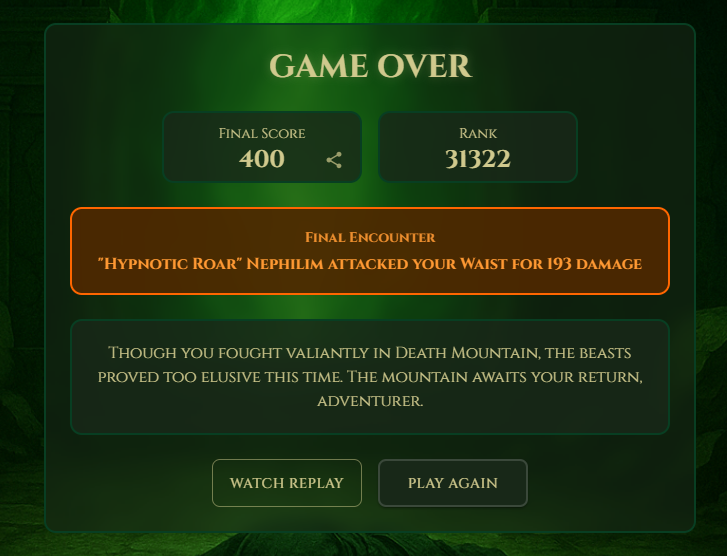 I got a score of 400 in Loot Survivor 2: Beast Mode. 

💀 A "Hypnotic Roar" Nephilim ended my journey. 

<a href="/provablegames/">Provable Games</a> @lootsurvivor