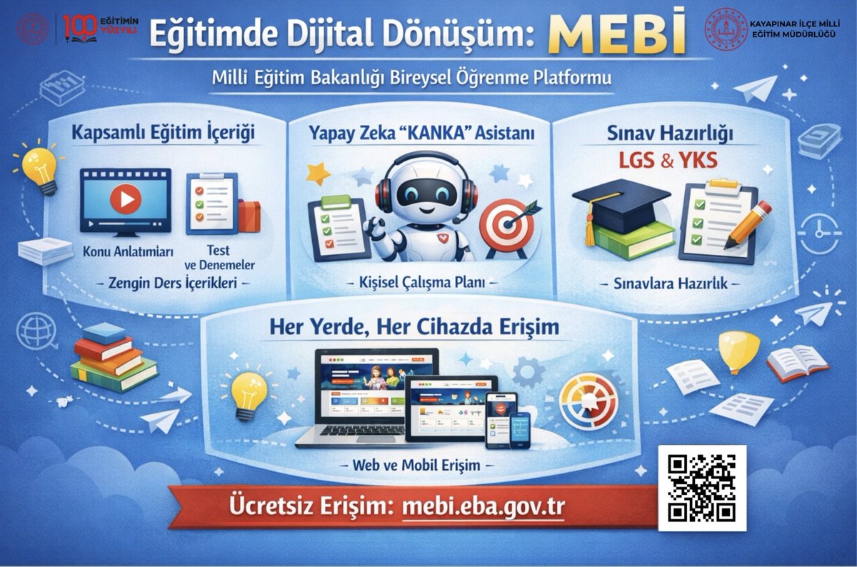 ✨ Yarıyıl Tatilinde MEBİ Yanında!

Değerli öğrencilerimiz ve velilerimiz;

Millî Eğitim Bakanlığımız tarafından hayata geçirilen *MEBİ (Bireysel Öğrenme Platformu)*, öğrencilerimizin ders tekrarlarını yapabilecekleri, konu anlatımlarına ulaşabilecekleri ve LGS–YKS hazırlık