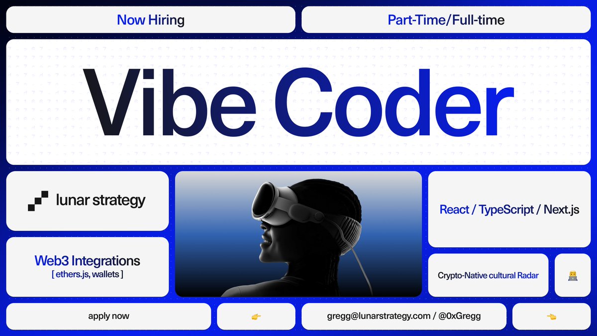 LunarStrategy's tweet image. Lunar is looking for vibe coders who can ship 🚢

We need developers who can:

➤ Build aesthetic Web3 tools, prototypes &amp;amp; dashboards that slap on CT
➤ Code fast with React/TS, Next.js, ethers.js, wallets &amp;amp; on-chain data
➤ Grow into leading a squad of vibe coders as we scale
➤…