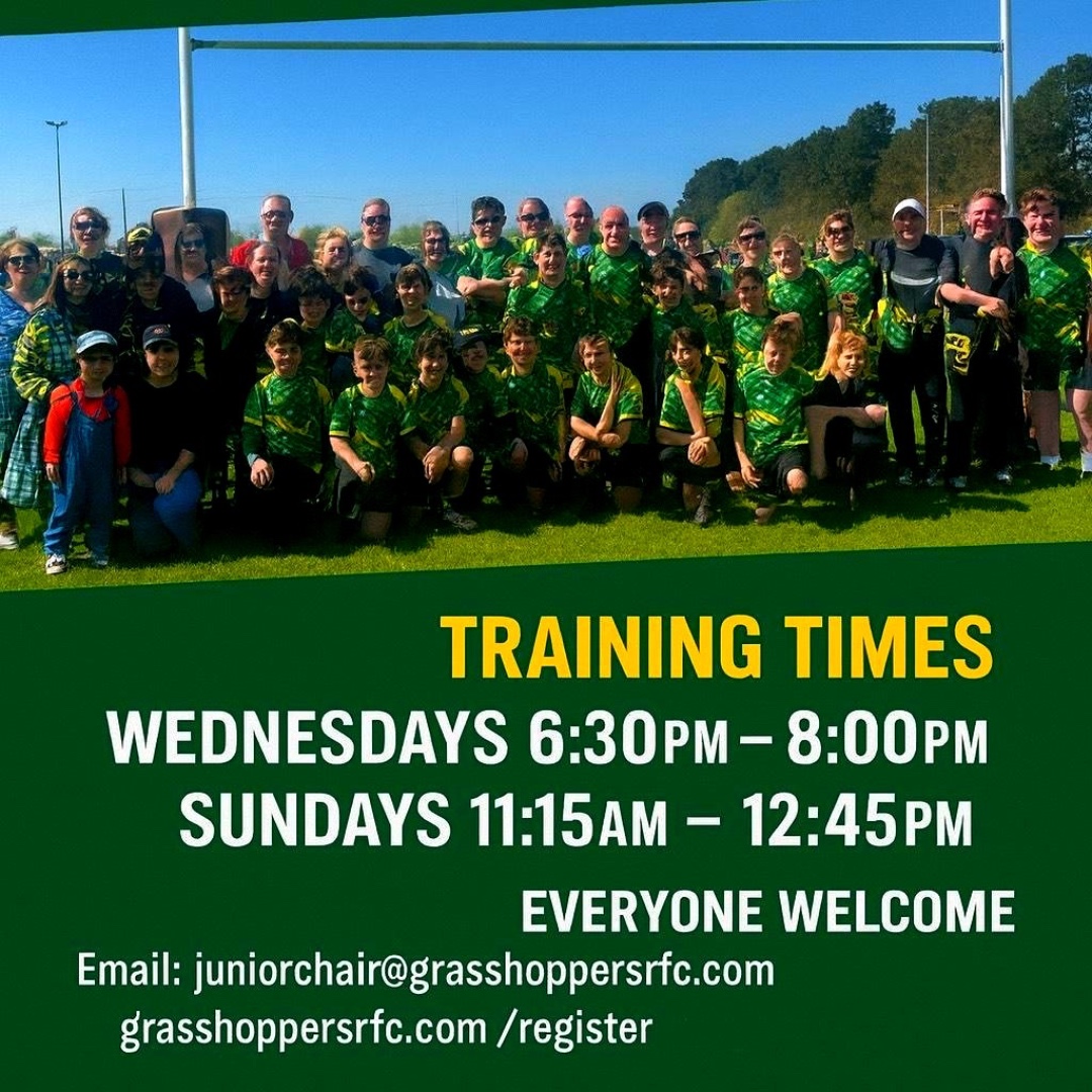 Join U12 Grasshoppers Rugby! 

 Training Times below.
Go along, have fun, and develop your skills on the pitch! Image