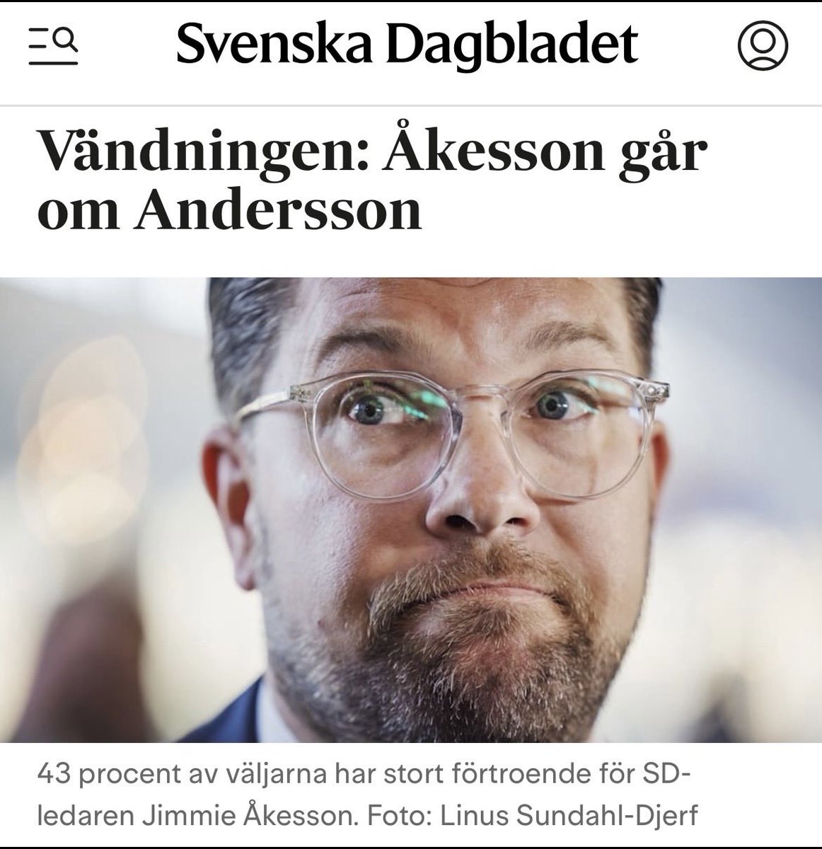 ”Jimmie Åkesson har nu högst förtroendesiffror av partiledarna – något som aldrig tidigare hänt.” 💪🏻