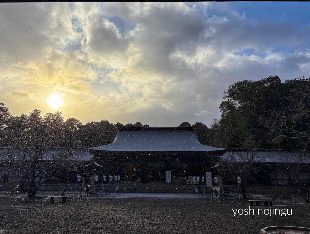 yoshinojingu's tweet photo. 昨日、今日と雪が降りました。
お日様に照らされた雪がひらひらはらはらと舞いとても綺麗でした。
雪は積もってはいませんが、とても冷えますのでお詣りの際は暖かくしてお越しください。

#吉野神宮 #奈良 https://t.co/P94m5PxPhu