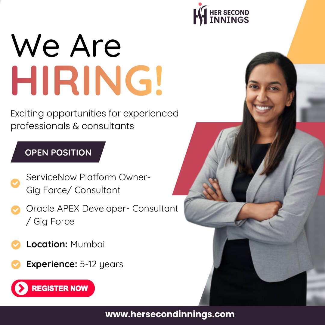 We’re expanding our consulting &amp; gig workforce!

▪️ ServiceNow Platform Owner 

Click here:hersecondinnings.com/careers/?job_i…

▪️ Oracle APEX Developer

Click here:hersecondinnings.com/careers/?job_i…

#WeAreHiring #MumbaiJobs #ServiceNowJobs #OracleAPEX #ConsultingCareers #GigForce