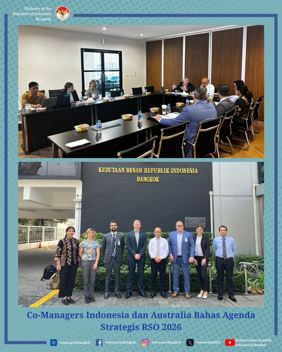 IndonesiaInBKK's tweet image. 🇮🇩 KBRI Bangkok telah menjadi tuan rumah pertemuan rutin antara RSO Co-Manager Indonesia, Kuasa Usaha Ad Interim KBRI Bangkok, Fuad Adriansyah, dan RSO Co-Manager Australia, David Scott (20/1).
#KBRIBangkok
#IndonesiainBangkok
#BaliProcess 
#IniDiplomasi
#KBRIBangkokSIGAP