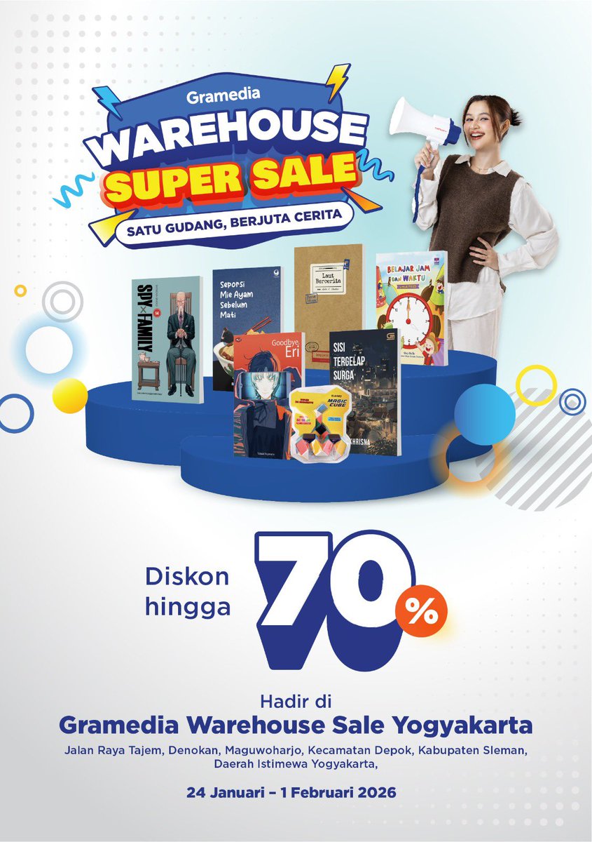 gramedia's tweet image. ‼️ BESOK BANGET ‼️

Gramedia Warehouse Super Sale akan hadir dengan diskon hingga 70%! Sudah siap borong wishlist buku kamu? 👀

📆 24 Januari - 1 Februari 2026
📍 JI. Raya Tajem, Denokan, Maguwoharjo, Kecamatan Depok, Kabupaten Sleman, Daerah Istimewa Yogyakarta