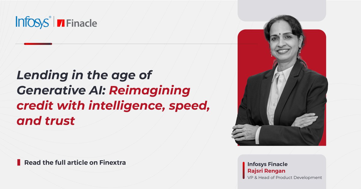 Finacle's tweet image. Generative AI is reshaping the lending landscape with sharper intelligence, stronger risk safeguards, and faster, more transparent credit journeys. Read the full story: finextra.com/the-long-read/…

#GenerativeAI #AIFinance #FutureOfLending #DigitalBanking