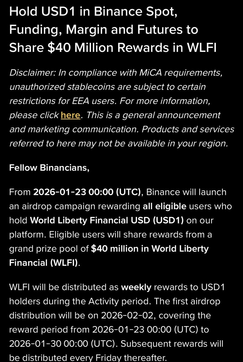 𝗕𝗶𝗻𝗮𝗻𝗰𝗲 & 𝗪𝗼𝗿𝗹𝗱 𝗟𝗶𝗯𝗲𝗿𝘁𝘆 𝗔𝗿𝗲 𝗗𝗶𝘀𝘁𝗿𝗶𝗯𝘂𝘁𝗶𝗻𝗴  💲𝟰𝟬𝗠 $WLFI 𝗧𝗼𝗸𝗲𝗻𝘀🚨 $40M in WLFI tokens will be distributed over  4 weekly installments ($10M per week). The campaign runs from Jan 23 to Feb  20,