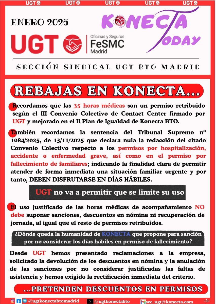 ugtkonectabto's tweet photo. 📢BOLETÍN UGT KONECTA TODAY / ENERO 2026
#UGT #Konecta #KONECTATODAY
#FeSMC #oficinasyseguros #contactcenter
🔹 REBAJAS EN KONECTA...DESCUENTO EN PERMISOS
🔹 HABLANDO DE LA IA...
🔹 AHT, AFTERCALL, TMO Y TIEMPO ENTRE LLAMADAS
🔹 EL CONTADOR DE LA VERGÜENZA DE KONECTA BTO https://t.co/J3v4U6CdYc