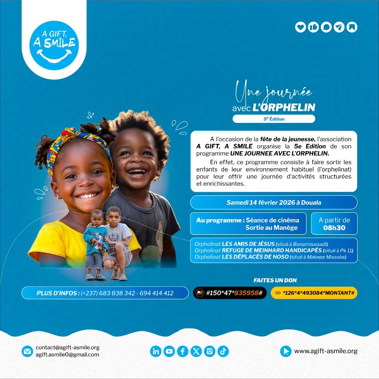agift_asmile's tweet photo. Tout le monde mérite de sourire, encore plus les orphelins. En soutenant UNE JOURNÉE AVEC L’ORPHELIN de @agift_asmile , vous les offrez une journée de découverte et de bonheur. Faites un don. Redonnons le sourire.

📲: (+237) 683 838 342 – 694 414 412
📧: contact@agift-asmile.org https://t.co/ML6IECELXw