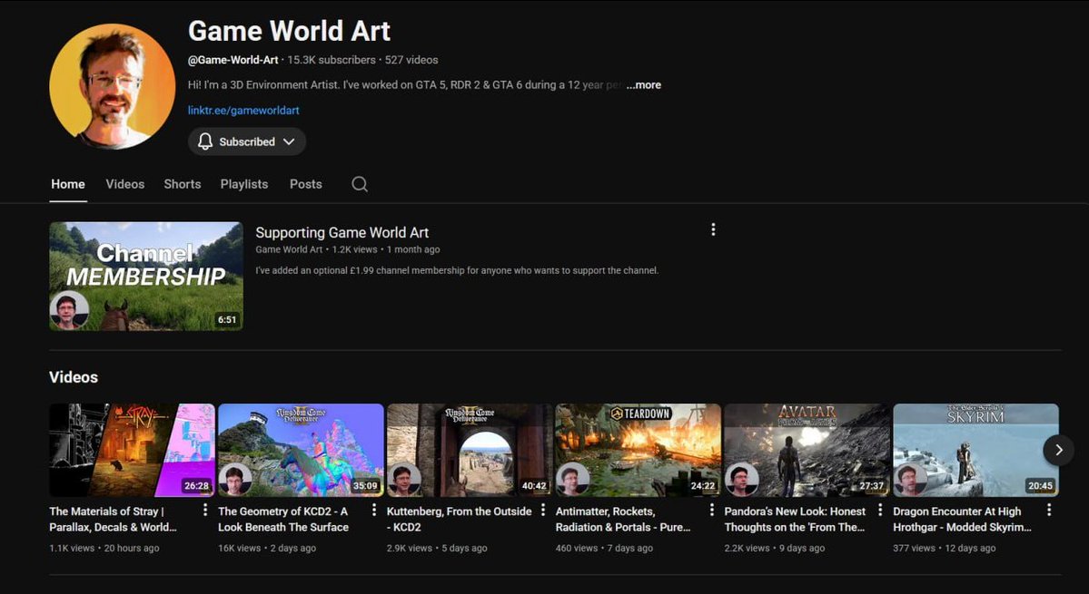 Recommend my favourite content: a game industry veteran talking about games he worked on.

Game World Art by environment artist David O’Reilly. He’s still active, so the insights are relevant.

 youtube.com/@Game-World-Art