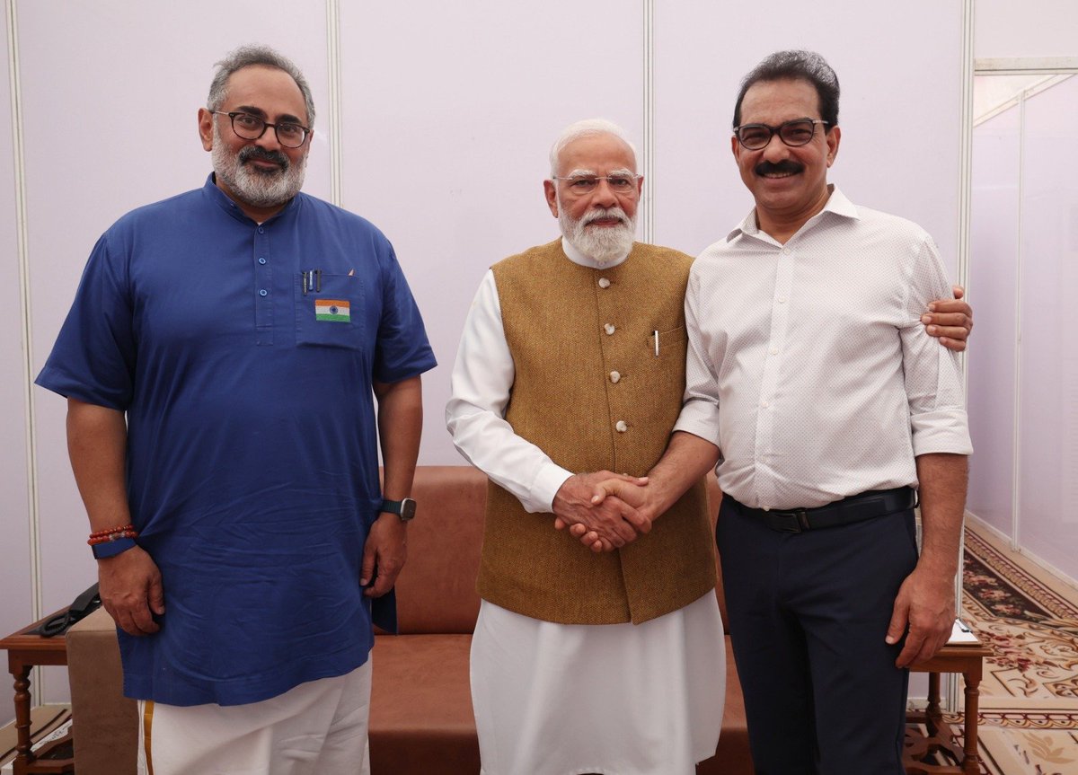 RajeevRC_X's tweet photo. PM @narendramodi ji welcomed Shri Sabu M. Jacob and the Twenty20 party into the NDA family today.

This momentum will only gain strength as more Malayalees recognize that the BJP/NDA is the only political force with the commitment, capability, and vision to deliver what truly matters:

✅Jobs, skills, and entrepreneurship
✅A secure future for every family
✅Protection of faith and safeguarding Keralam from radical forces

Forward and onward to #VikasitaKeralam! 🚀

 #SurakshitaKeralam #VishwasaSamrakshanam #PoliticsofPerformance #ModiKeralam