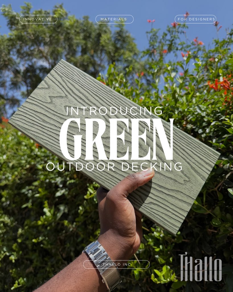 ThalloInc's tweet photo. Green is the new grey. We’re breaking the rules of outdoor design with Green WPC Decking. It’s the color you didn’t know you needed, creating a seamless transition from your lawn to your lounge area. Unexpected? Yes. Stunning? Absolutely. 

Most decks stand out from the garden—ours becomes part of it.
#thalloinc