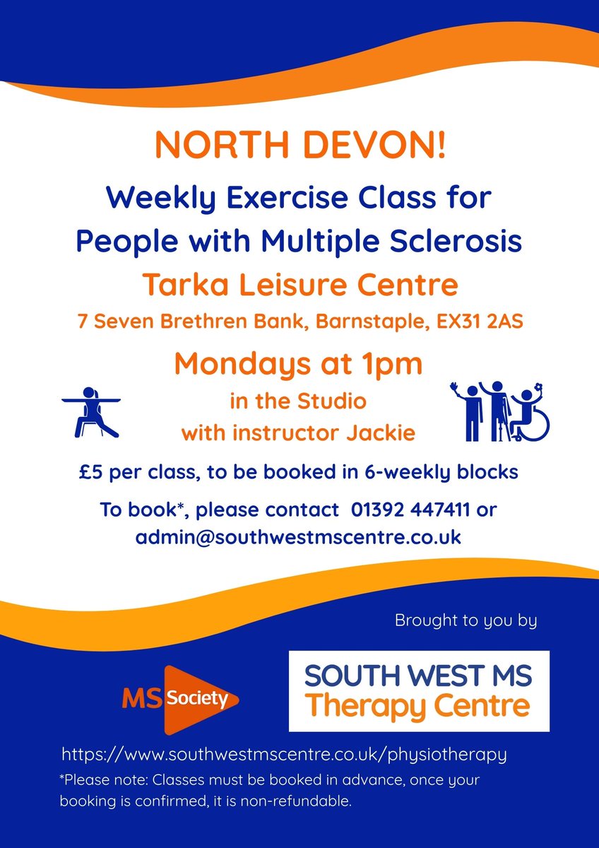 BrannamMedCtr's tweet photo. 📣 MS Exercise Class – North Devon

Mondays, 1pm at Tarka Leisure Centre (Barnstaple) with Jackie.
Supportive, accessible exercise for people living with MS.

£5 per class (6-week blocks) – booking essential.
📞 01392 447411
✉️ admin@southwestmscentre.co.uk

#ExerciseForMS https://t.co/GwqcOVCnaz