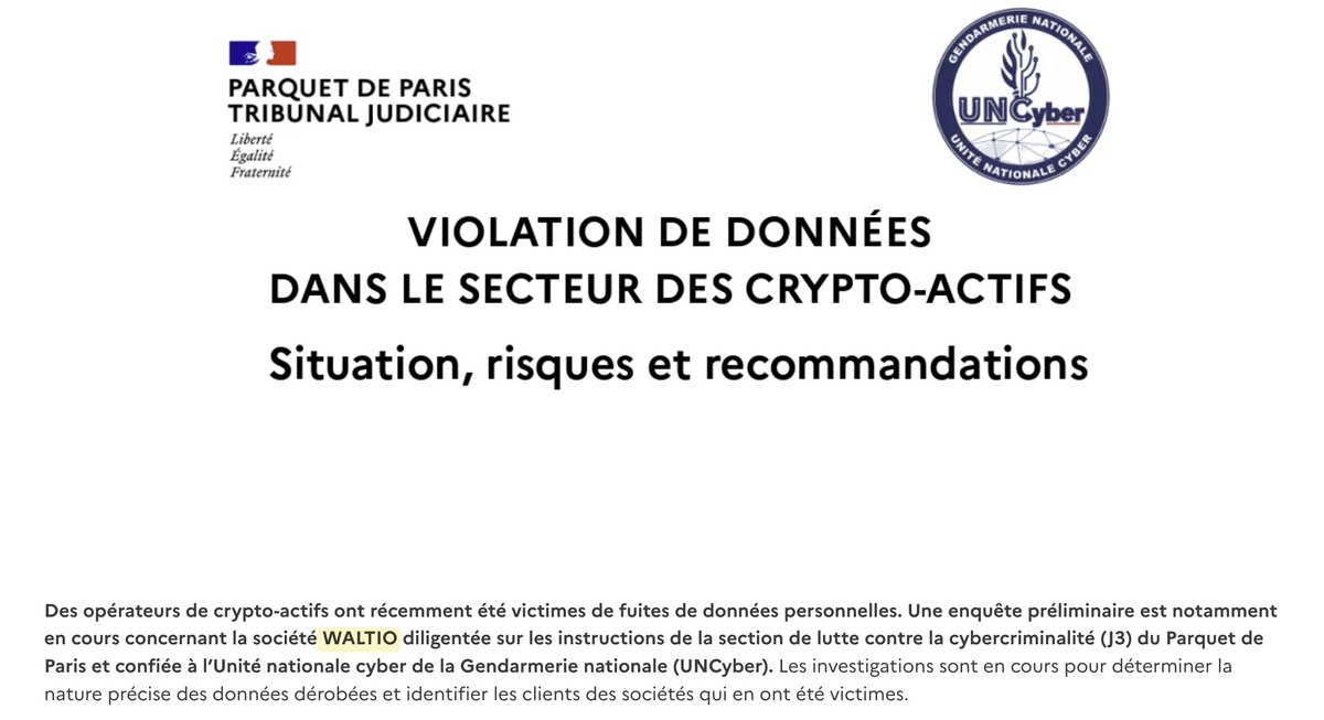 🚨 Alerte Cyber | CRYPTO | La société <a href="/Get_Waltio/">Waltio</a> est victime d'une compromission de données. 

Avec ~ 100k utilisateurs, Waltio est une plateforme d'aide à la déclaration fiscale des détenteurs de cryptomonnaies. ₿

L'ampleur de la fuite et le nombre de clients impactés ne sont