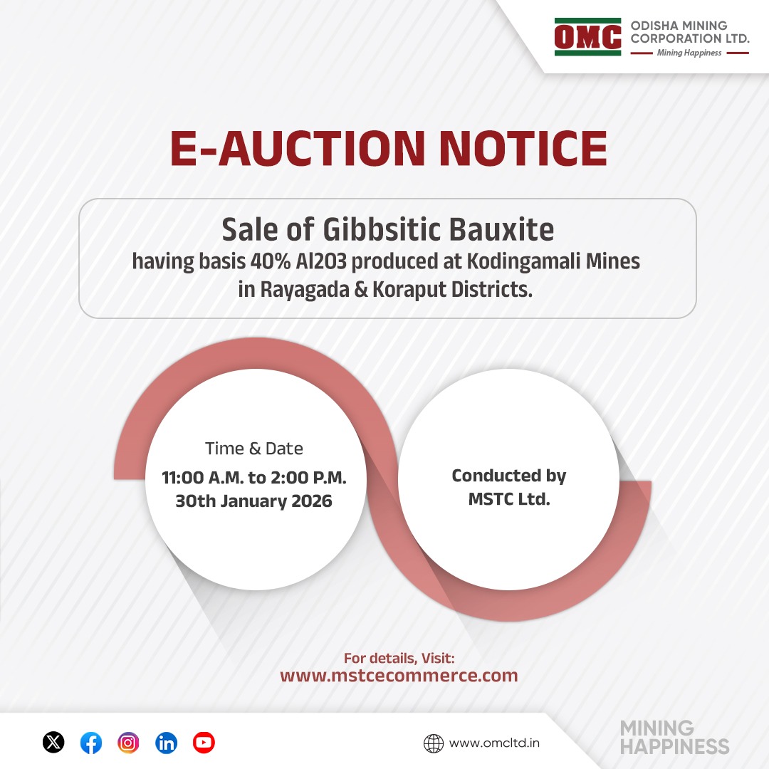 odisha_mining's tweet photo. e-Auction of Gibbsitic Bauxite produced at Kodingamali Mines, Rayagada &amp; Koraput districts to be held on 30th January 2026 from 11 am to 2 pm.
To participate, visit https://t.co/ftT8ySCYAN

#OMC #EAuction https://t.co/dPkhAOIUmN