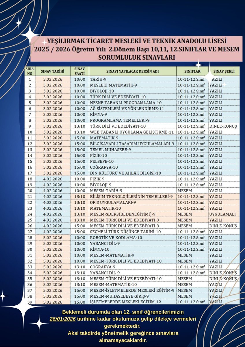 Şubat Dönemi Sorumluluk Sınav Takvimimiz. ( Resmi web sayfamızda da yayımlanmıştır. )