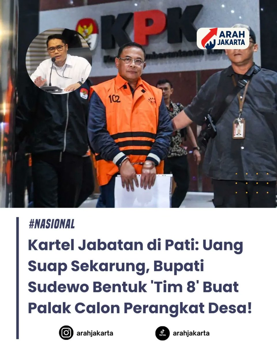 Ada borok besar yg baru saja dibongkar KPK di Pati.
Bupati Pati, Sudewo ternyata mempunyai tangan kanan yaitu Gerombolan 8 yg isinya adalah para Kepala Desa yg tugasnya jd Korlap Pemerasan.
Modusnya : dagang jabatan perangkat desa dg tarif gila2an.
Tarifnya dipatok 165 juta