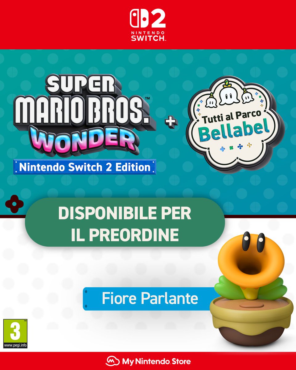 Un mondo di meraviglie ti aspetta! Super Mario Bros. Wonder – Nintendo Switch 2 Edition + Tutti al Parco Bellabel arriva il 26/3. E il divertimento sbarca anche nel mondo reale con il fiore parlante! Scopri i prodotti in preordine nel My Nintendo Store: ntdo.com/6012AUxOr