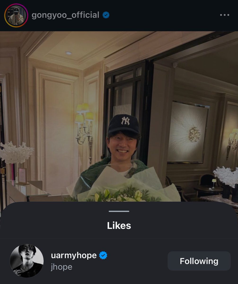 JHPOPBASE's tweet image. j-hope liked Korean actor Gong Yoo's recent Instagram post.
