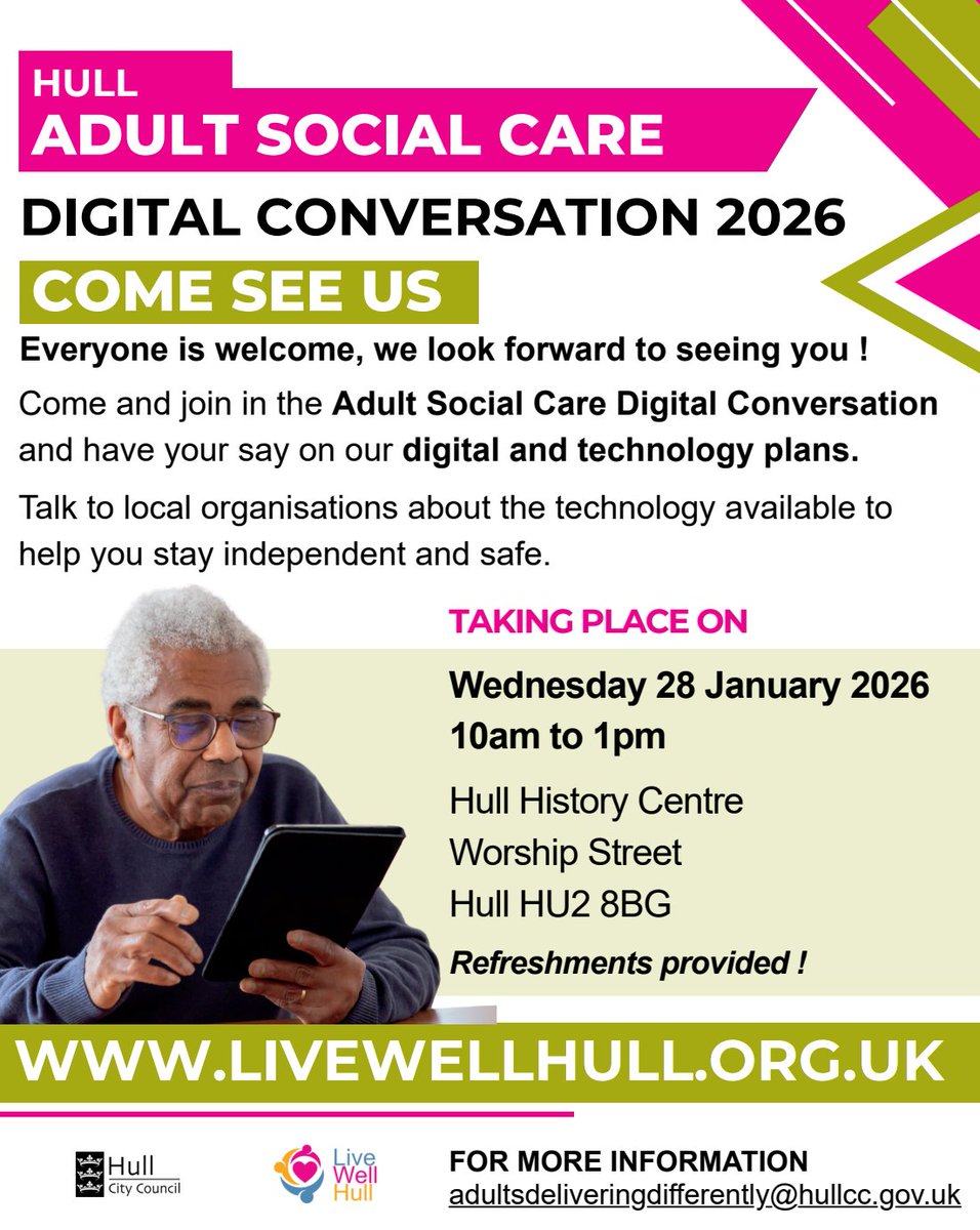 📢Join us at the Hull History Centre for a Digital Conversation!

📅Wednesday 28 January 2026
🏦Hull History Centre, Worship Street, HU2 8BG
⏲️10am – 1pm

We’ll be joined by a range of local partners offering digital solutions to support the people we work with. Come and chat to