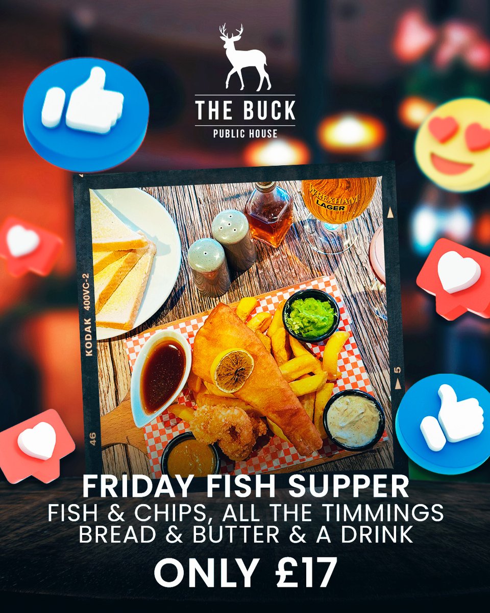🐟 FRIDAY FISH SUPPER 🐟

Fish &amp; Chips, All The Trimmings, Bread &amp; Butter PLUS a Drink £17!

Classic Friday night sorted 👌

Tables filling fast!

BOOK NOW