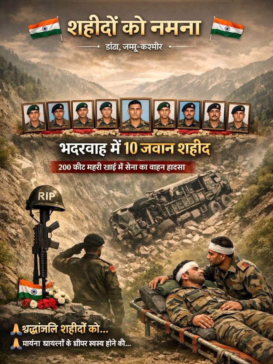 KuldeepDhewa's tweet photo. अत्यंत दुःखद
 डोडा सड़क हादसे में सेना के 10 जवानों की शहादत की खबर सुनकर गहरा शोक व्यक्त हुआ। 

भगवान पुण्यात्माओं को शांति प्रदान करें और उनके परिजनों को यह दुख सहने की शक्ति प्रदान करें। 
घायलों के शीघ्र स्वस्थ होने की कामना करता हूँ।
ॐ शांति 🙏 https://t.co/eGOQ95qWGO