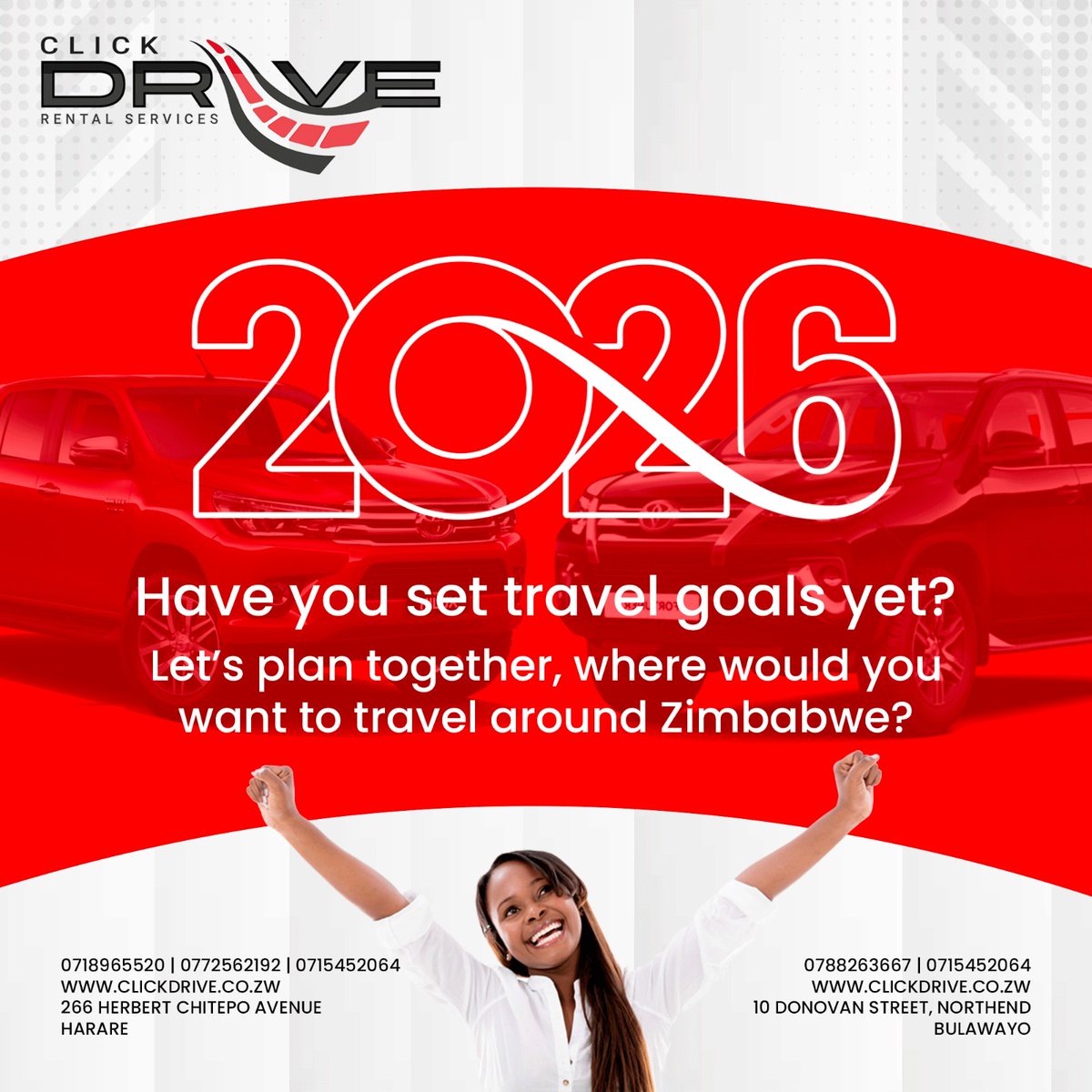 ClickdriveZim's tweet image. It's the Year 2026, whats your travel plan around Zimbabwe 🇿🇼 ?

 Rent a dependable car from 𝑪𝒍𝒊𝒄𝒌𝒅𝒓𝒊𝒗𝒆 𝑹𝒆𝒏𝒕𝒂𝒍 𝑺𝒆𝒓𝒗𝒊𝒄𝒆𝒔 and stay ahead this Year.

📞 𝑬𝒏𝒒𝒖𝒊𝒓𝒆 𝒏𝒐𝒘!

wa.me/263718964520

wa.me/263715452064

wa.me/c/263772306245

 🌐…