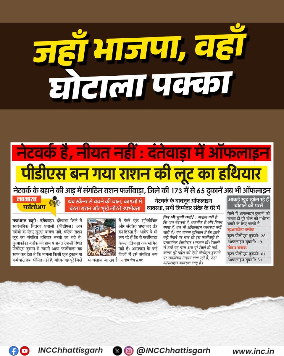 भारतीय जनता पार्टी के राज में सिस्टम नहीं, साजिश चलती है।
दंतेवाड़ा में ऑफलाइन पीडीएस बन गया राशन लूट का हथियार।
गरीब का हक़ और सरकारी व्यवस्था दोनों निशाने पर।