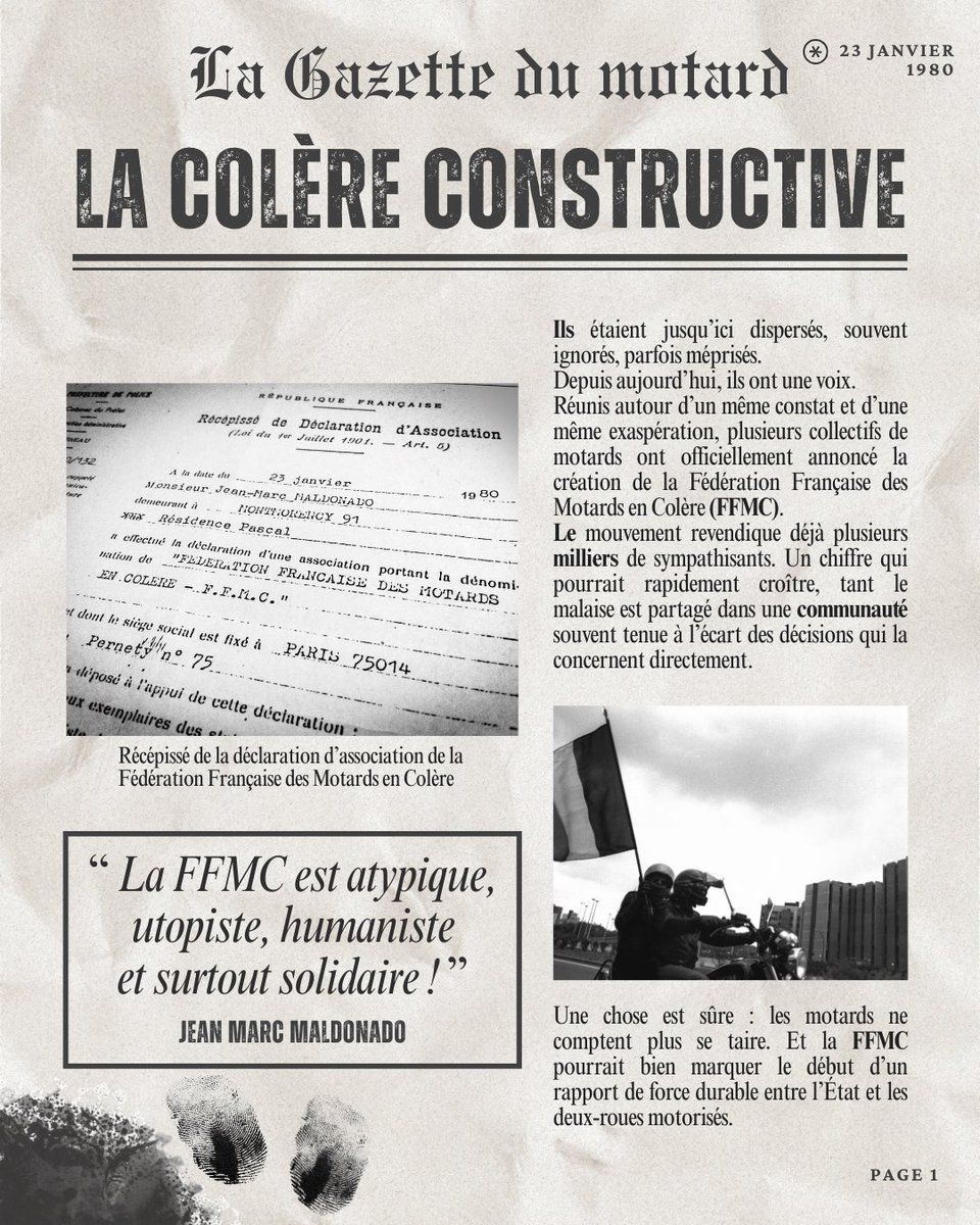 Il y a bientôt un demi-siècle, quelques motards qu’on n’écoutait jamais ont décidé de ne plus se taire.

Le 23 janvier 1980, la Fédération Française des Motards en Colère voyait officiellement le jour. Parce qu’on parlait de la moto sans les motards, et souvent contre eux.