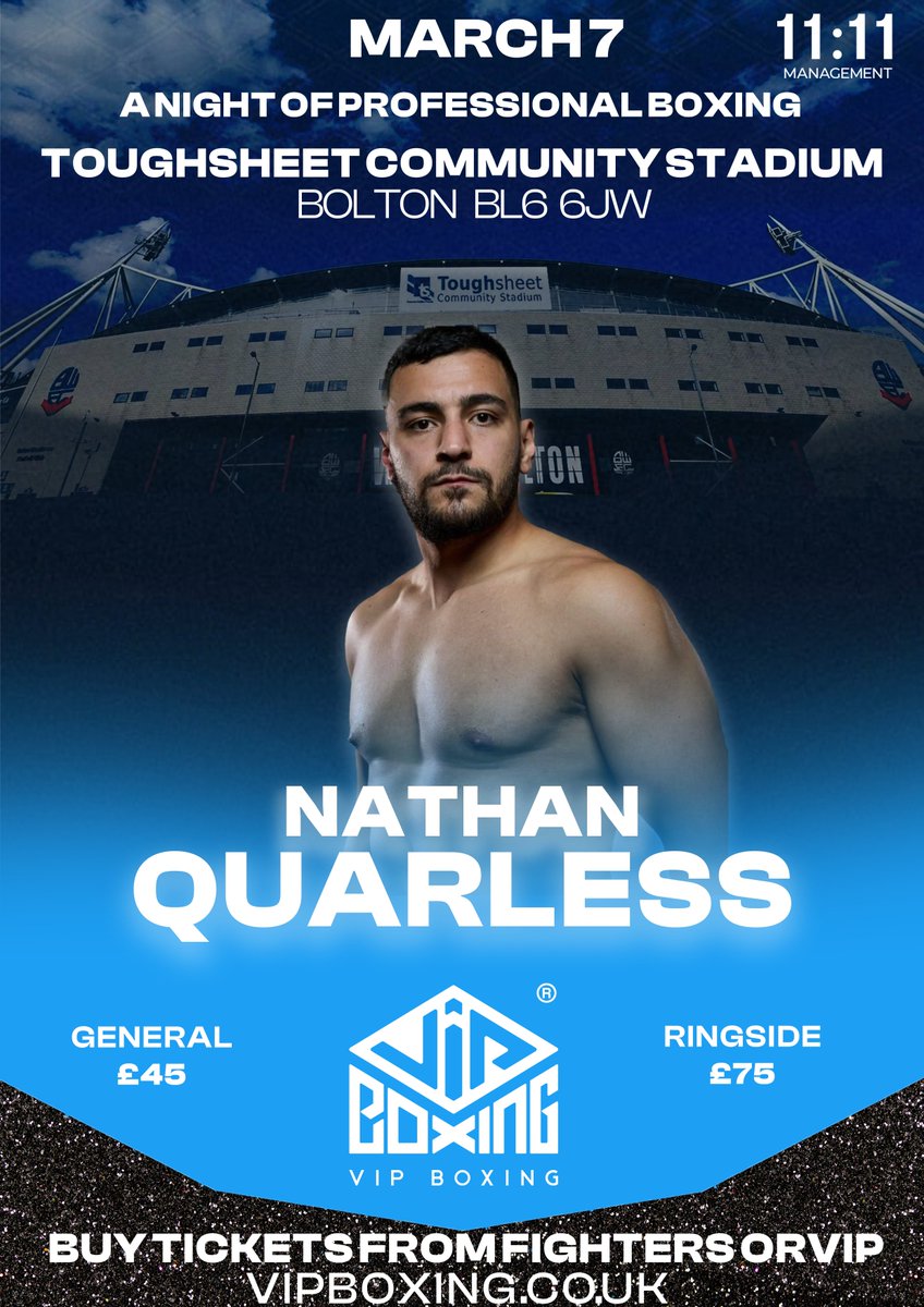 vipboxing's tweet image. Nathan Quarless fighting March 7th at Toughsheet community Stadium.

Main Event
Ash Marron vs Louis West

#vipboxing #fightnight #march7th @Bolton Wanderers
