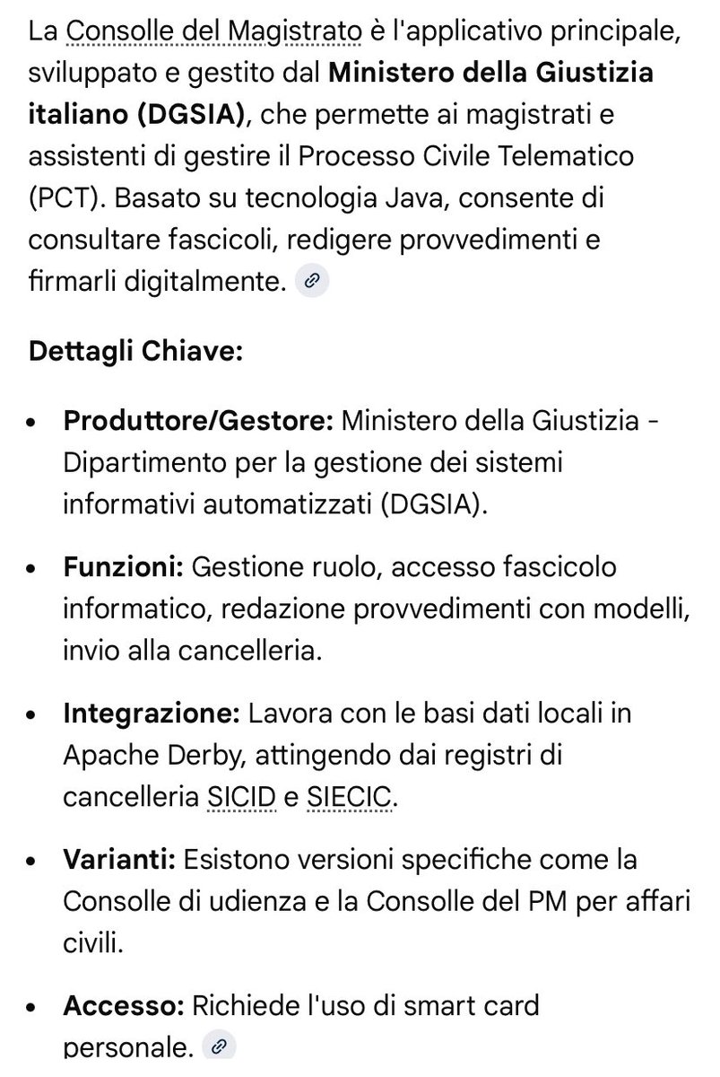 Per chiudere il discorso sulla puttanata del giorno.
Il magistrato per la gestione dei fascicoli utilizza un software chiamato “Consolle”, sviluppato direttamente dal Ministero della #Giustizia. Niente Microsoft.

Se non lo sapevate, #sapevatelo

#Report #sinistradimentecatti