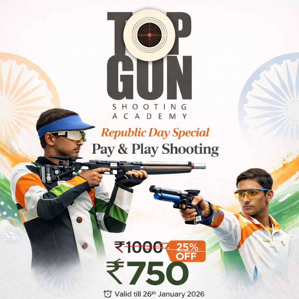 🇮🇳 Republic Day Special at TOPGUN SHOOTING ACADEMY — Pay &amp; Play Shooting with 25% OFF 🎯 Experience professional rifle &amp; pistol shooting. 💥 ₹1000 ➝ ₹750 ⏰ Valid till 26th January 2026. Give it a shot!