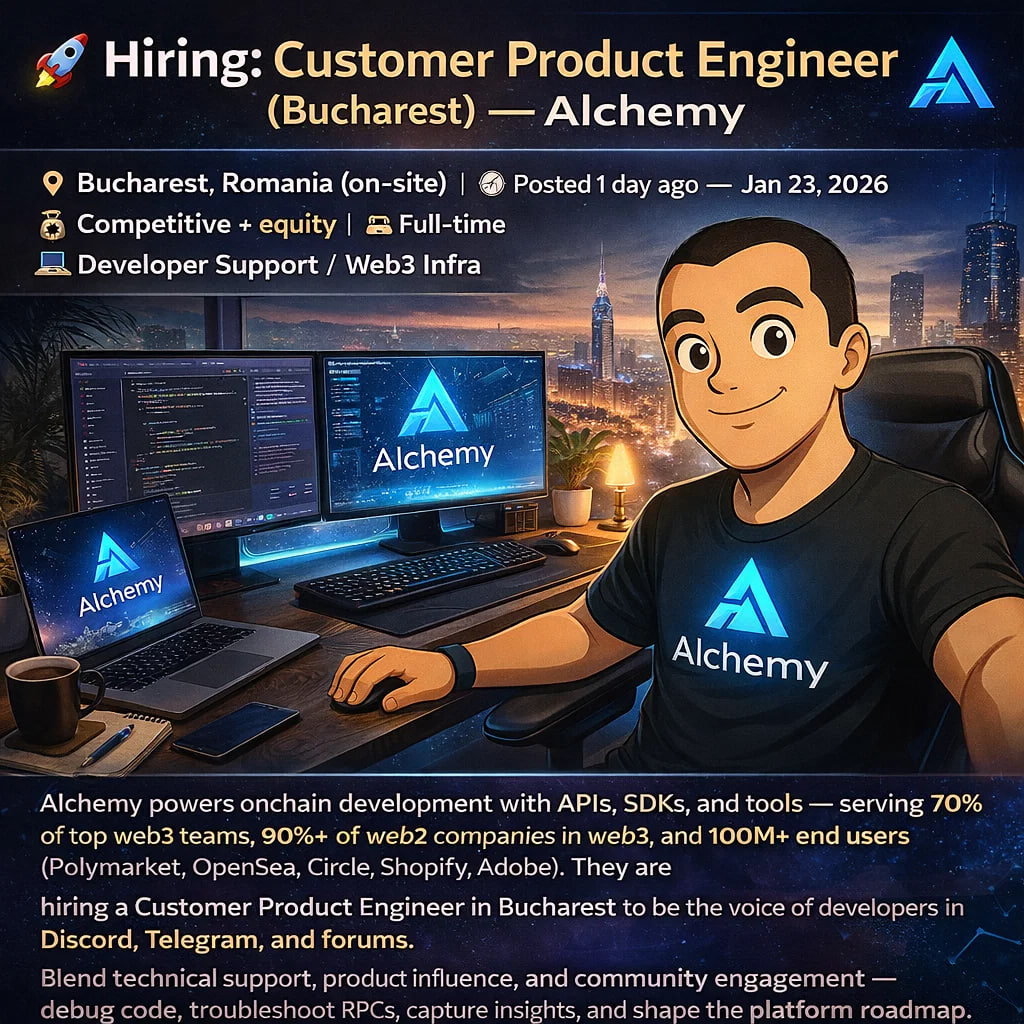 🚀 Hiring: Customer Product Engineer — Alchemy (Bucharest) 📍 Bucharest,  Romania | 💼 Full-time | 🧑‍💻 Dev Support / Web3 | 💰 Competitive + equity  | 🕐 1 day ago — Jan