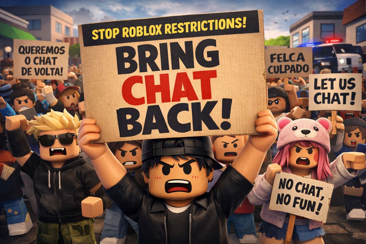 JerryNuke's tweet photo. Why are players spamming “Felca” signs inside Roblox games? 🤨
No, he didn’t remove chat — but Roblox’s new age &amp; chat rules sparked in-game protests, chaos, and memes.
Full explanation 👇
https://t.co/XVUlkxtYI2

#Roblox #Felca #RobloxProtesto https://t.co/mVzLrEYbsF
