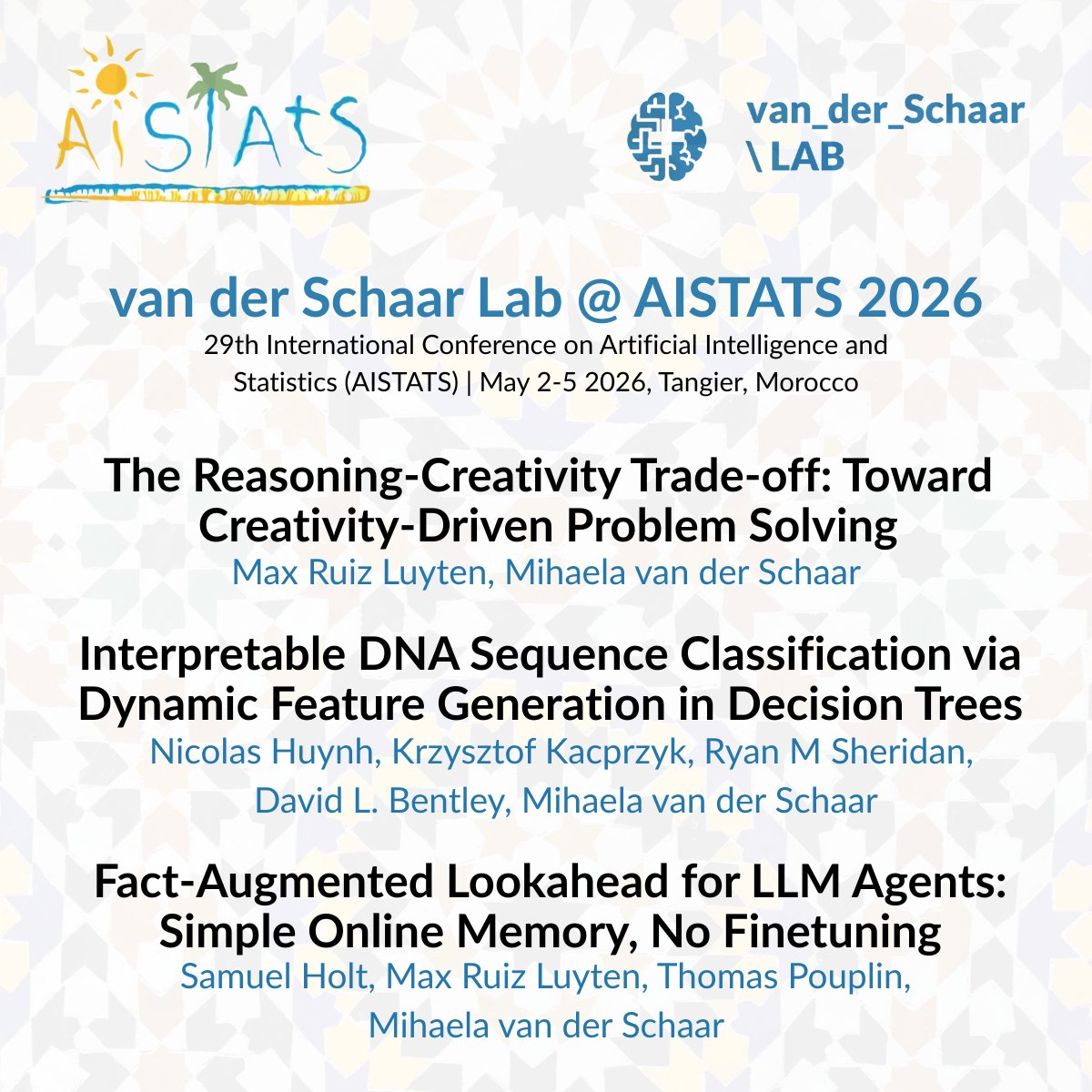 MihaelaVDS's tweet photo. Excited to kick off the year: 3 papers from our group accepted to #AISTATS 2026 (our first conference of the year).
More highlights on each paper soon - congratulations to all authors and collaborators! https://t.co/abCLjpSgJB
