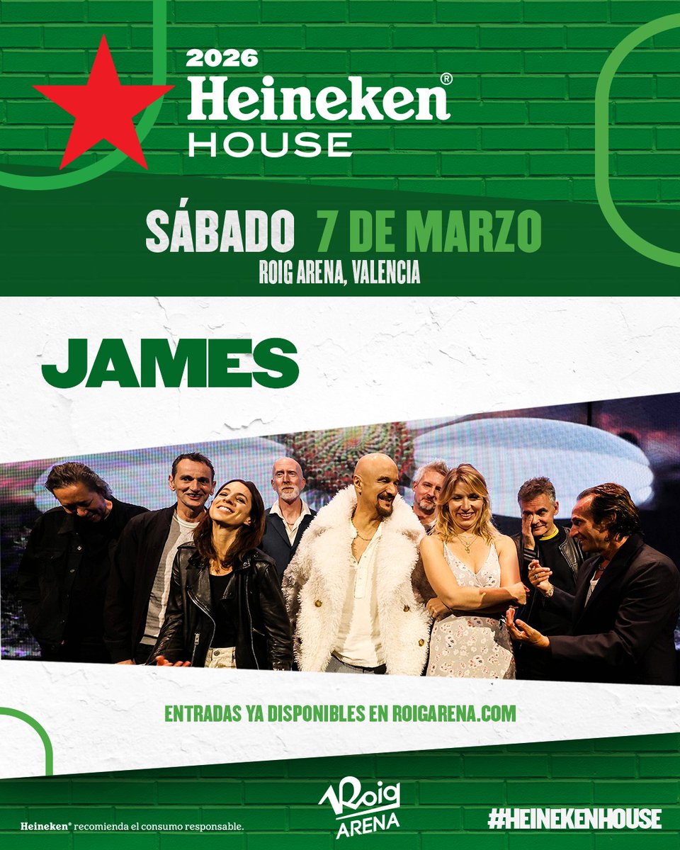 wearejames's tweet image. 🇪🇸 Nos complace anunciar que tocaremos en el festival Heineken House en el @RoigArena de Valencia el sábado 7 de marzo. Entradas ya disponibles: roigarena.com/es/event/heine…

#JamesLive2026 #Valencia #HeinekenHouse