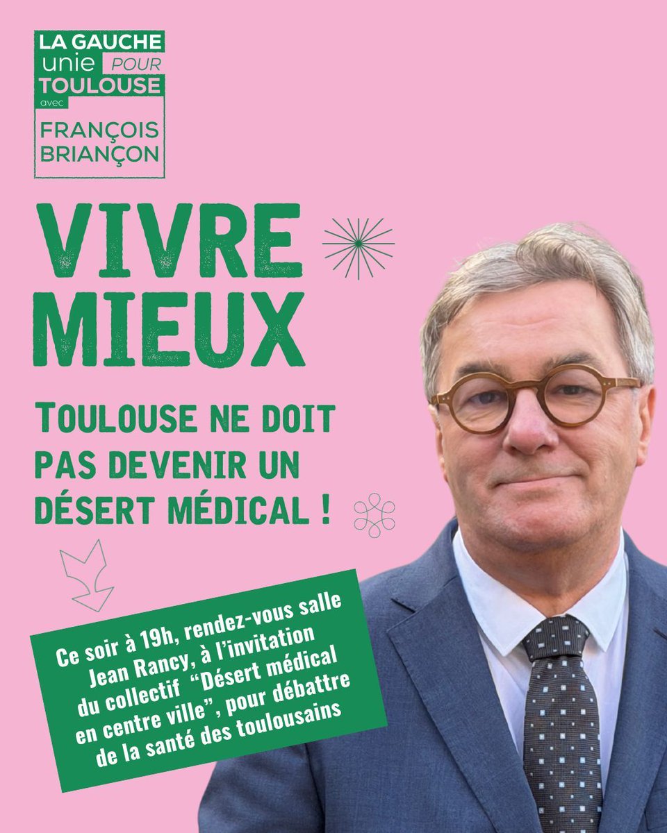 Je porte des propositions efficaces pour la santé des toulousaines et des toulousains. Rendez-vous vendredi 23 janvier à 19h, salle Jean Rancy, à l’invitation du collectif « Désert médical en centre ville » pour en débattre. <a href="/GaucheUnieTlse/">Vivre Mieux Toulouse</a>