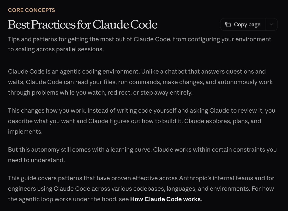 aiedge_'s tweet photo. Anthropic just added a new "Best Practices for Claude Code" doc.

I HIGHLY recommend reading it all + turning it into a PDF for a Claude project context file.

https:// code.claude. com/docs/en/best-practices https://t.co/6jRx5z44Xz